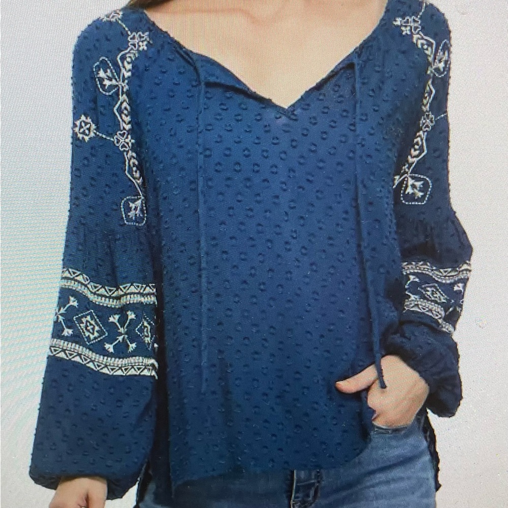 Cupio Womens Embroidered Lantern Sleeve Peasant Blouse